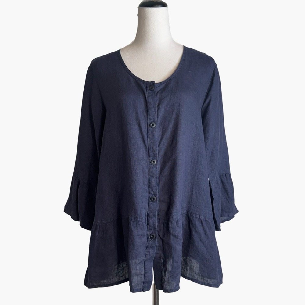 FLAX 100% Linen Button Up Tunic Blouse Size M Navy Ruffle Lagenlook Boho Fall